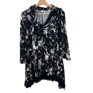Avenue Womens Sz 18/20 Black White Abstract Print Cowl Neck Knit Tunic Sheer Hem